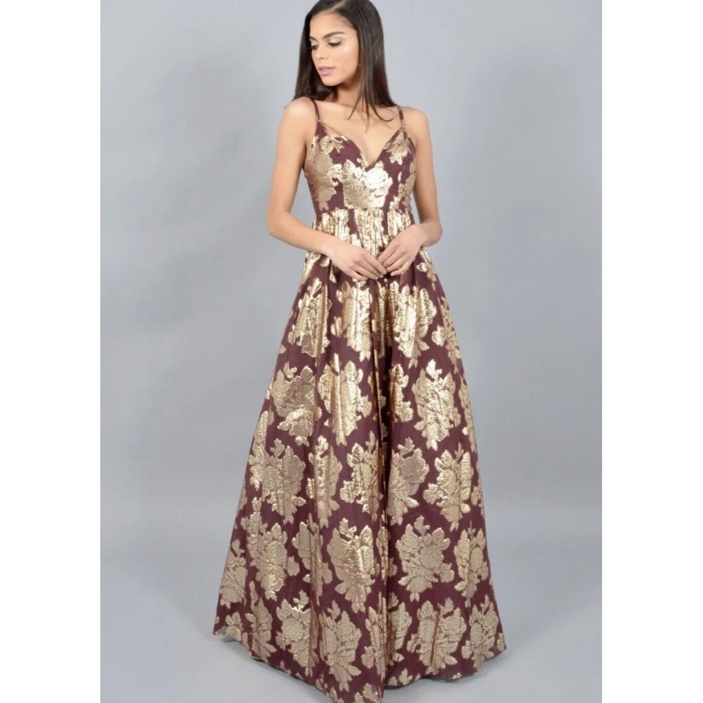 Dear Moon Formal Dress Sz 3 Burgundy Metallic Gold Floral Print Maxi V-Neck